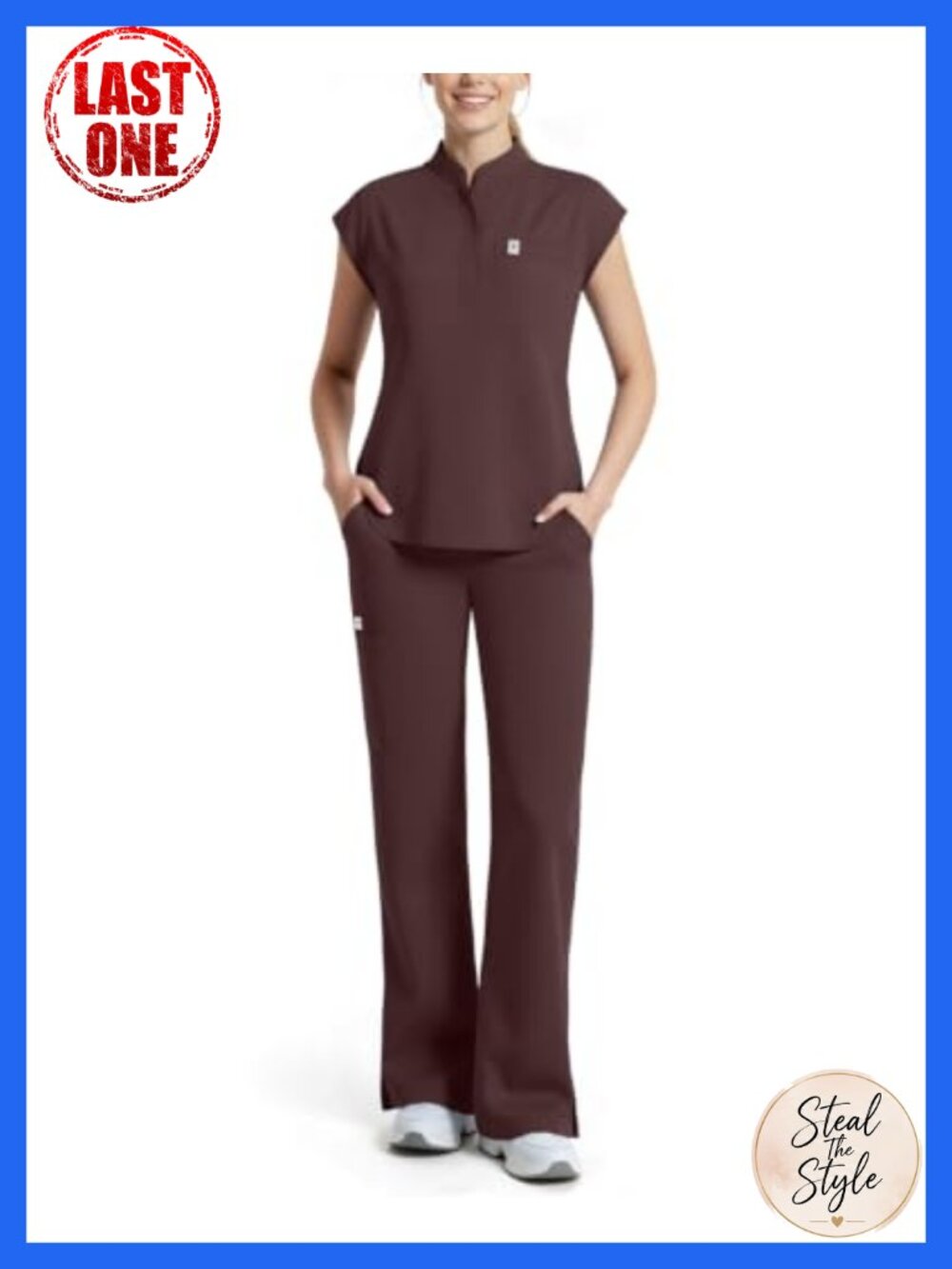Women Scrubs Set Sleeveless Stand Collar Top Straight Leg Pants 11 Pockets